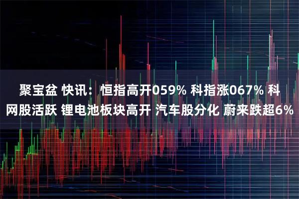 聚宝盆 快讯：恒指高开059% 科指涨067% 科网股活跃 锂电池板块高开 汽车股分化 蔚来跌超6%